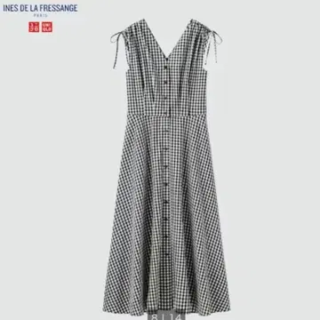 유니클로 이네스 코튼 플레어 V넥 원피스 깅엄 체크 블랙