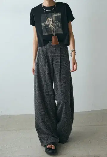 썸머 트위드 격자 무늬 와이드 팬츠 esica