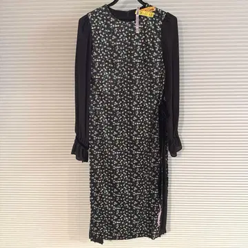 mia 꽃무늬 긴팔 원피스 플리츠 리본 브라운 M