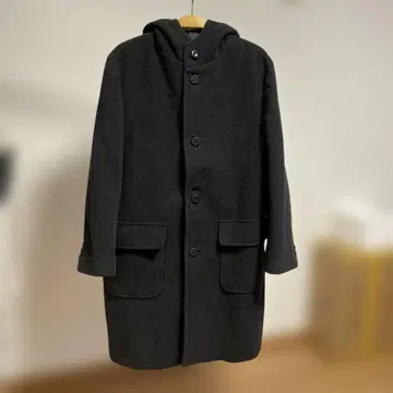 깔끔한 캐주얼 다크 그레이 후드 부착 울 혼방 코트