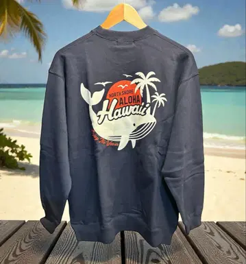 훌라 라니 하와이안 맨투맨 해돋이 고래 네이비 남성용 M