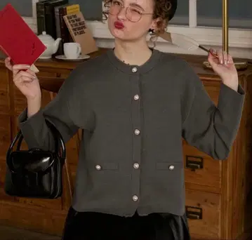 BONLECILL noir 펄 버튼 노카라 자켓 가디건 긴팔