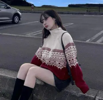 [ 새상품 ] GRL 그레일 노르딕 무늬 하프 지퍼 니트탑 [gn330]