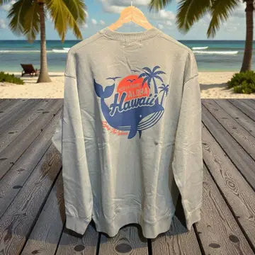 훌라 라니 하와이안 맨투맨 해돋이 고래 카키 남성용 L