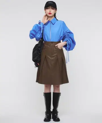 나르시스 Narcissus 브라운 플리츠 가죽 스커트