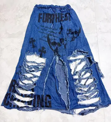 롱 스커트 데님 스커트 데미지 데님 데미지 스커트 스컬 디자인