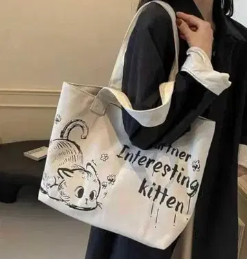 고양이 무늬 캐주얼 토트백 대용량 여성용 화이트