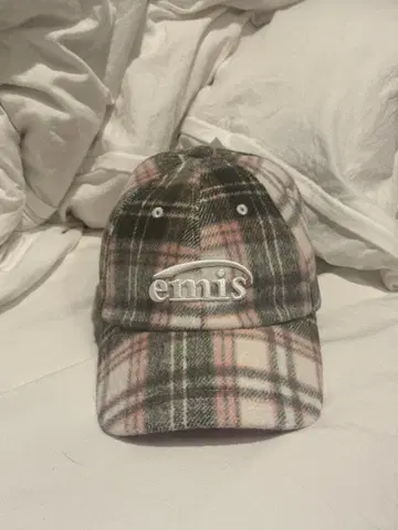 emis 체크 무늬 캡 그레이/핑크 울