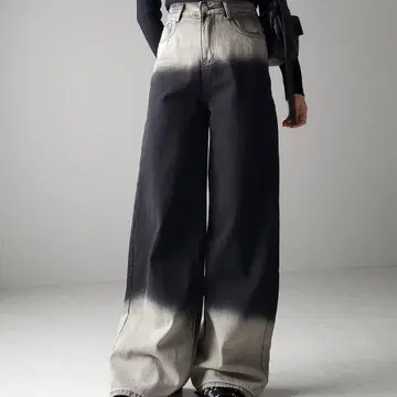 me+em select 블리치 그라데이션 하이웨스트 루즈 블랙 데님