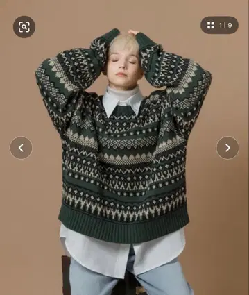 MUHET 뮤에타 긴팔 니트 노르딕 무늬 다크 그린 스웨터