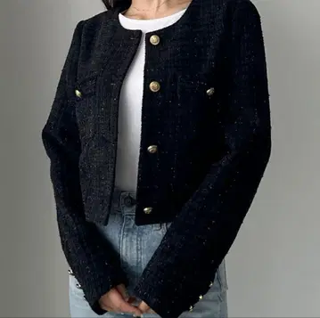 Louere 팬시 라메 트위드 자켓 노카라 블랙 M