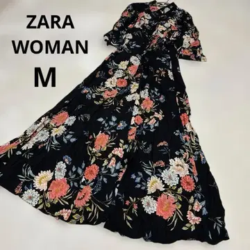 ZARAWOMAN 꽃무늬 롱 원피스 셔츠 블랙 플레어 화려한 무늬 M