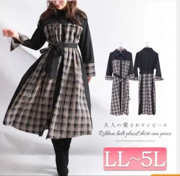 벨트 포함 체크 셔츠 원피스 3L