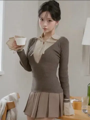 다리치 셔츠 도킹 플리츠 미니 원피스