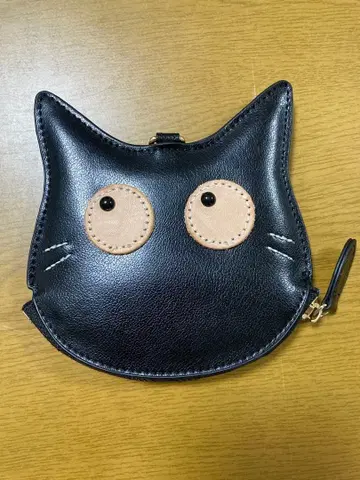 고양이 모양 코인 케이스 블랙 천연 가죽 넥스트랩 포함
