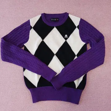 캘러웨이 보라색/블랙/화이트 다이아몬드 패턴 니트 스웨터