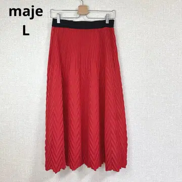 [마쥬] 롱 플리츠 스커트 깔끔한 캐주얼 빨간색 허리밴딩 L