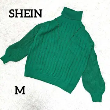 쉬인 터틀넥 리브 니트 스웨터 퍼프 슬리브 그린 가을/겨울 M