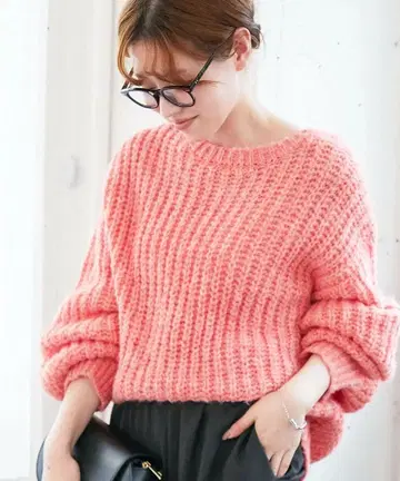 헤어리 얀 로우게이지 니트 살몬 핑크 오렌지