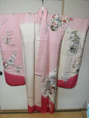 꽃무늬 핑크 후리소데 순수 실크 톨 사이즈