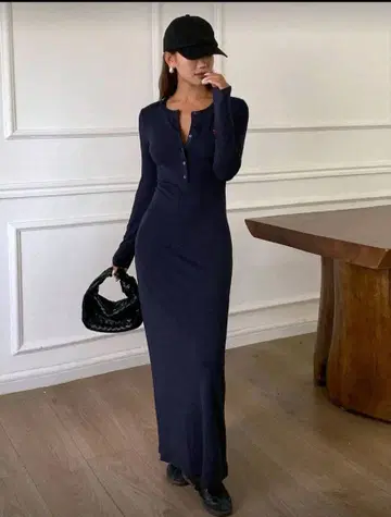 네이비 니트 롱 원피스 긴팔