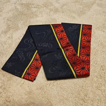 순수 실크 블랙과 빨간색 꽃 무늬 반폭 오비