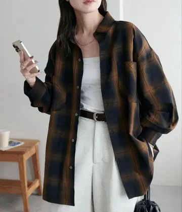 [ Discort ] 옴브레 체크 오버 셔츠 브라운