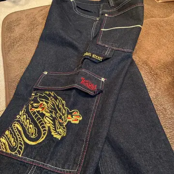 새상품 KAKEI STREET 자수 데님 카고 팬츠 B계 초와이드