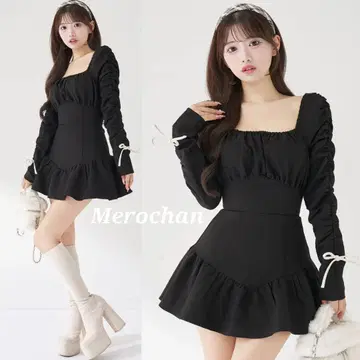 다리치 스퀘어넥 개더 미니 원피스 BLK [ F ]