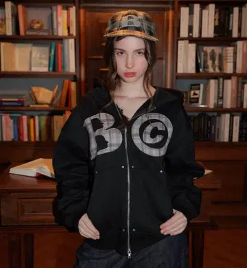 Beck and call 더블 지퍼 후드티 블랙 로고 체크