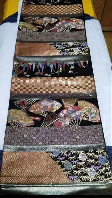 오비 블랙 전통 예복 기모노 오비 부채 자수 순수 실크