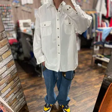 ST JOHN'S BAY L 구제 의류 아메카지 화이트 코튼 셔츠 긴팔