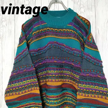 빈티지 3D 니트 스웨터 울 혼방 멀티 컬러 좋은 배색! M 두꺼운 원단