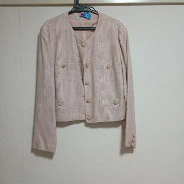 5TH CLUB 핑크 노카라 자켓 골드 버튼