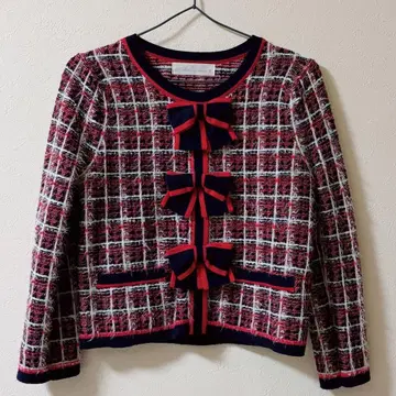 리본 포함 노카라 자켓 스웨터 빨간색 네이비 화이트