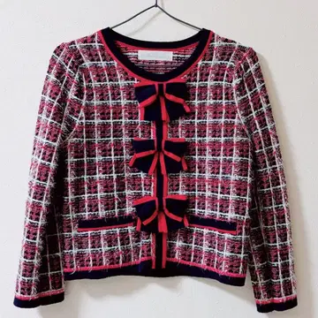 리본 포함 노카라 자켓 스웨터 빨간색 네이비 화이트