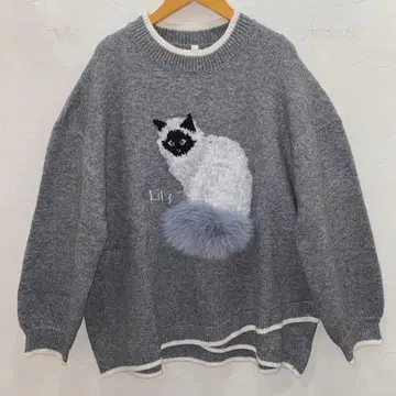 루필리안 고양이 자카드 자수가 들어간 그레이 풀오버 니트 스웨터 새상품