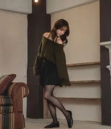 mideal 케이블 오프 숄더 니트 GREEN