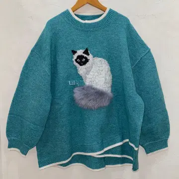 루피리안 고양이 자카드 니트 크루넥 풀오버 새상품