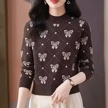 리본 무늬 스웨터 여성용 니트 리브 긴팔 루즈핏 가을/겨울/봄 브라운