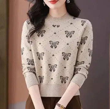 리본 무늬 스웨터 여성용 니트 리브 긴팔 루즈핏 가을/겨울/봄 베이지
