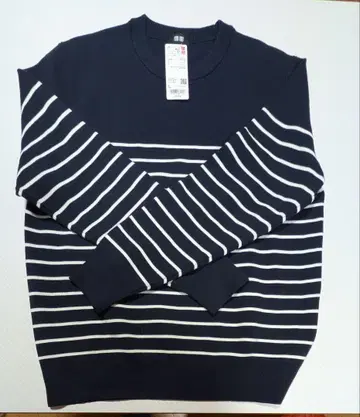 유니클로 워셔블 밀라노 리브 크루넥 스웨터 (스트라이프, 네이비)