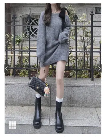 원 숄더 벨로아 리본 니트 미니 원피스 dr796