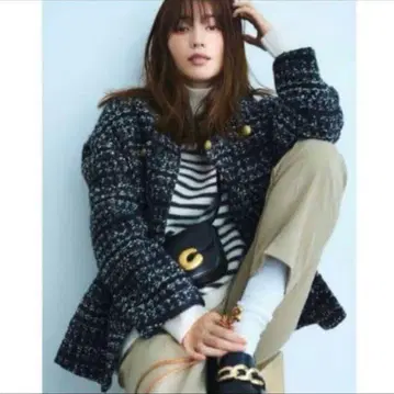 노카라 트위드 자켓 블랙 포켓 디자인 롱 트위드 자켓