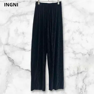 잉그 블랙 와이드 팬츠 벨로아 원단 플리츠 허리밴딩 M 심플