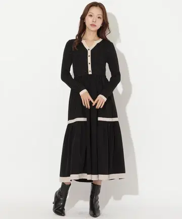 택 포함 새상품 앙 드 쿠튀르 라메 믹스 배색 도킹 원피스 블랙