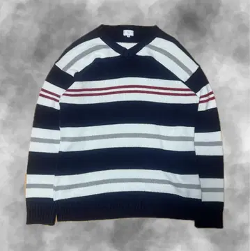 빈티지 스트라이프 V넥 니트 스웨터 긴팔 네이비 빨흰