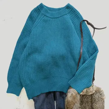 슬로브 이에나 울 리브 니트 터콰이즈 래글런 슬리브 스웨터