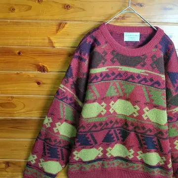 니트 스웨터 레트로 빈티지 멀티 컬러 빨간색 브라운 그린 황토색 M