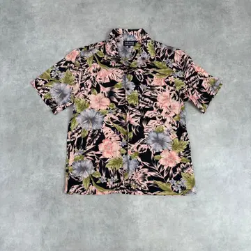 하와이안 빈티지 올 패턴 오픈 카라 반팔 셔츠 M 블랙